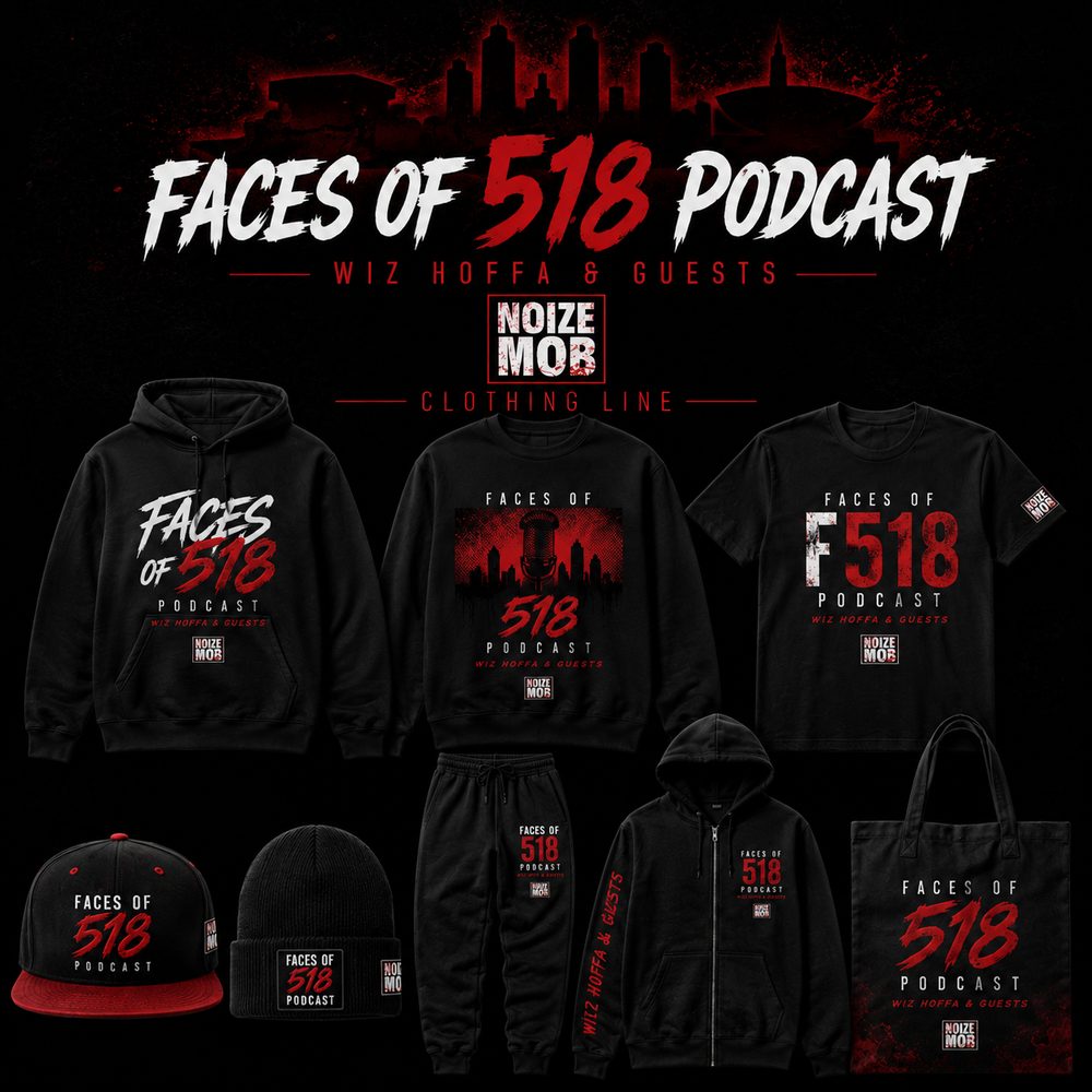 Concept line sheet for the Faces of 518 Podcast &times; NoizeMob clothing line — black-and-red hoodie, crewneck, tee, snapback, beanie, joggers, zip hoodie, and tote