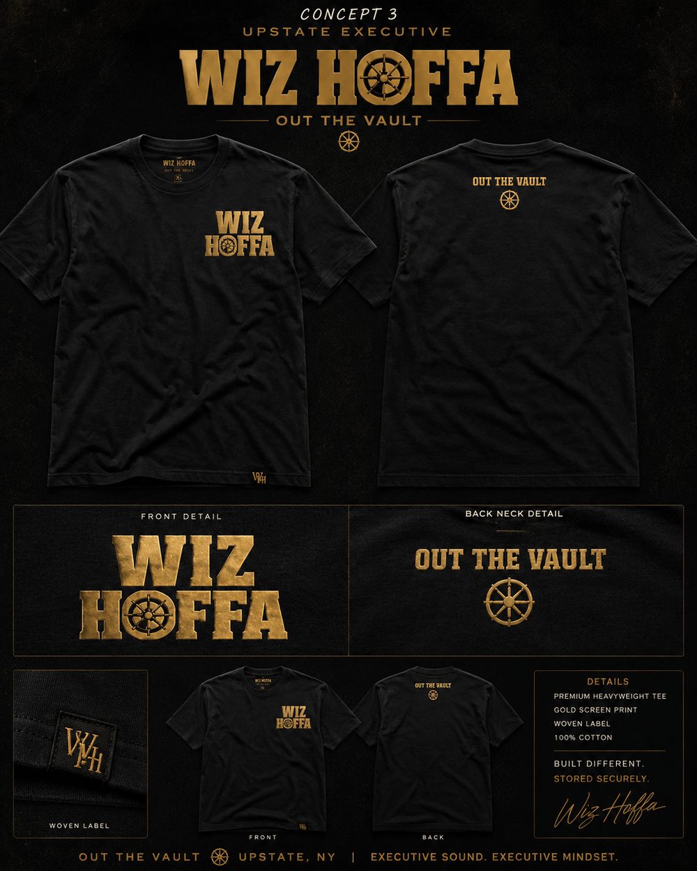 Concept sheet for the "Wiz Hoffa — Out the Vault" Upstate Executive tee — black tee with gold screen print and woven label