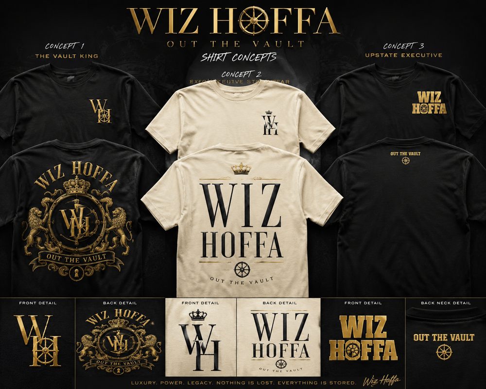 'Out the Vault' concept overview showing three directions — Vault King crest, cream editorial and Upstate Executive — in black, cream and gold, with the tagline 'Luxury. Power. Legacy. Nothing is lost. Everything is stored.'