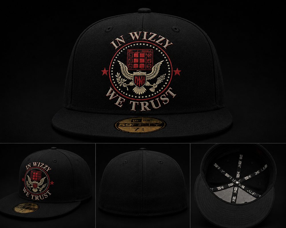 Concept product shot of an "In Wizzy We Trust" fitted cap in black with a red-and-gold eagle emblem, shown from four angles